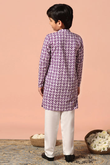 Boys Purple Cotton Printed Straight Kurta With Payjama Set