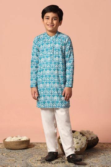 Boys Sky Blue Cotton Printed Straight Kurta With Payjama Set