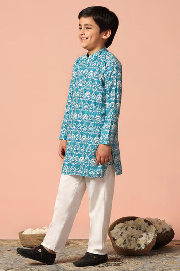 Boys Sky Blue Cotton Printed Straight Kurta With Payjama Set