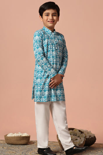 Boys Sky Blue Cotton Printed Straight Kurta With Payjama Set