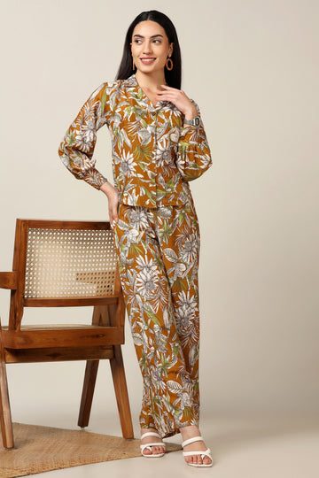 Womens Mustard Muslin Floral Printed Top With Trouser Set