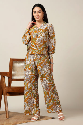 Womens Mustard Muslin Floral Printed Top With Trouser Set