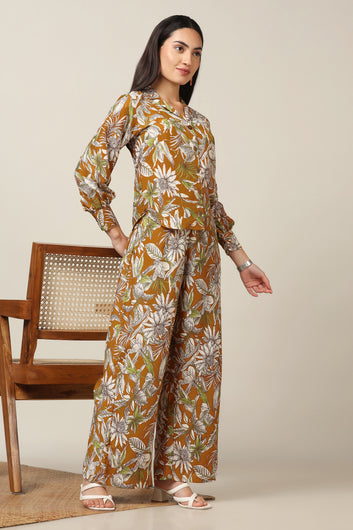 Womens Mustard Muslin Floral Printed Top With Trouser Set