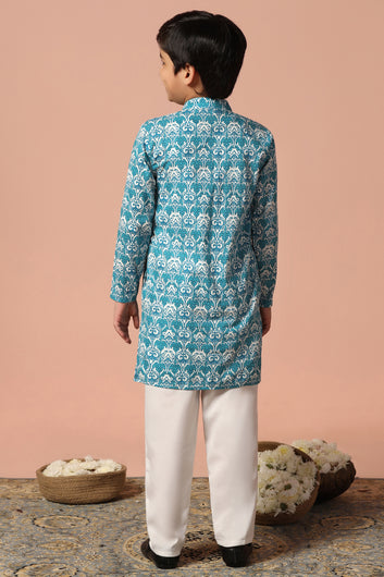 Boys Sky Blue Cotton Printed Straight Kurta With Payjama Set