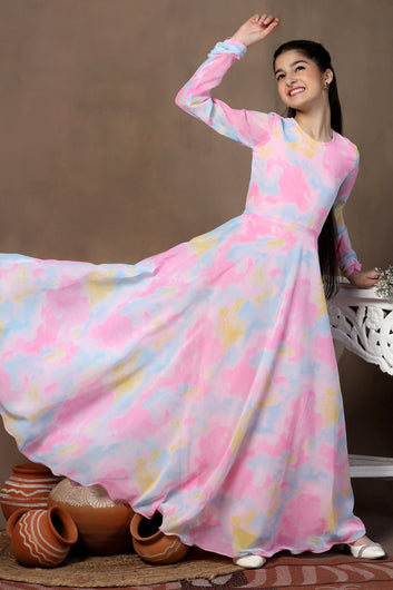 Girls Multicolor Georgette Floral Printed Fit & Flare Maxi Length Dress