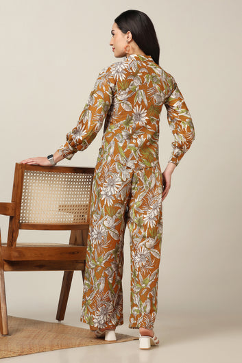 Womens Mustard Muslin Floral Printed Top With Trouser Set