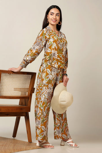 Womens Mustard Muslin Floral Printed Top With Trouser Set