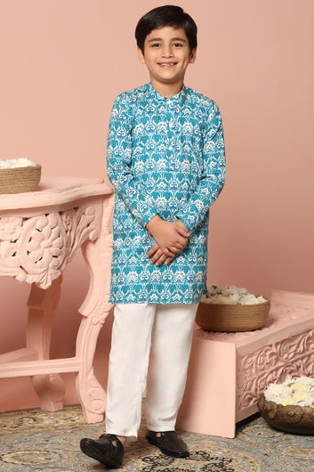 Boys Sky Blue Cotton Printed Straight Kurta With Payjama Set