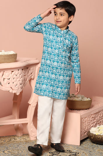 Boys Sky Blue Cotton Printed Straight Kurta With Payjama Set