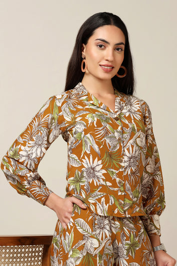 Womens Mustard Muslin Floral Printed Top With Trouser Set