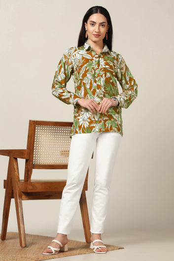 Womens Mustard Muslin Floral Printed Regular Fit Women Shirt