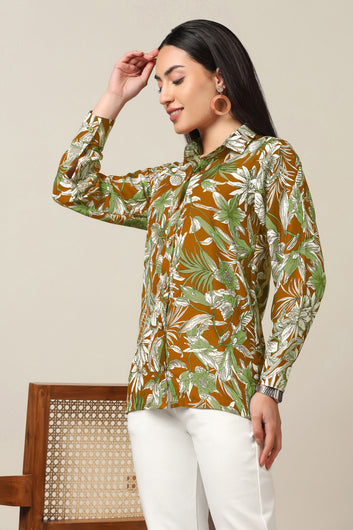 Womens Mustard Muslin Floral Printed Regular Fit Women Shirt