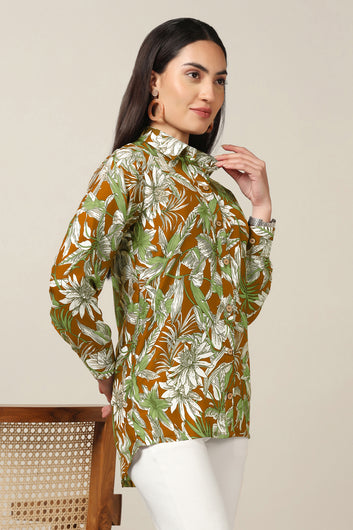 Womens Mustard Muslin Floral Printed Regular Fit Women Shirt