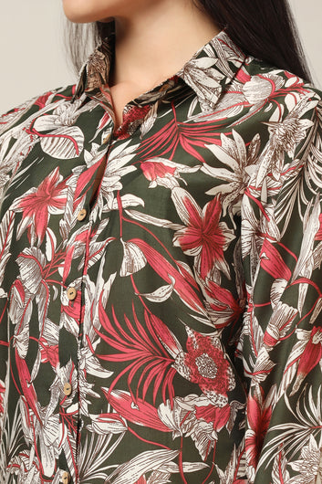 Womens Mehndi Muslin Floral Printed High-Low Shirt