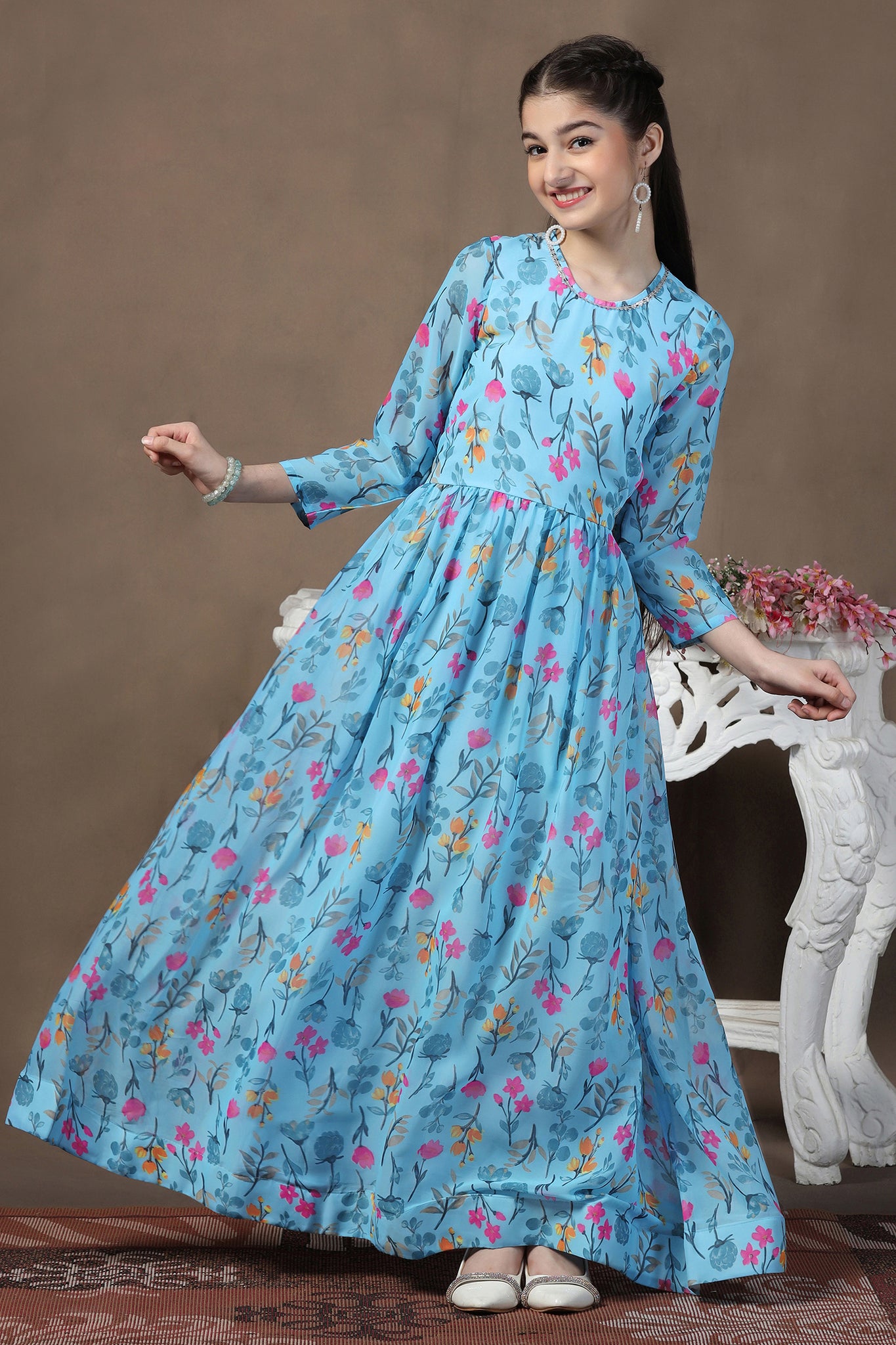 Girls Sky Blue Georgette Floral Printed Fit & Flare Maxi length Dress