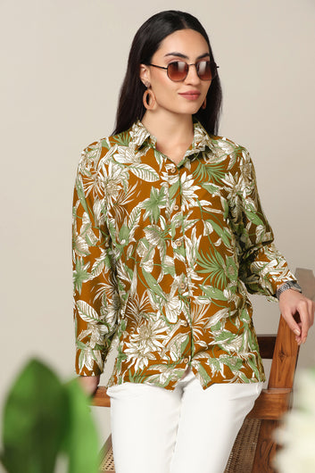 Womens Mustard Muslin Floral Printed Regular Fit Women Shirt