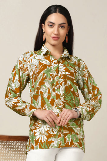 Womens Mustard Muslin Floral Printed Regular Fit Women Shirt