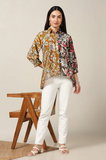 Womens Multicolor Muslin Floral Printed High-Low Shirt