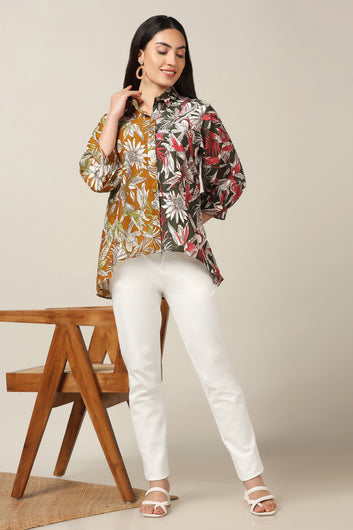 Womens Multicolor Muslin Floral Printed High-Low Shirt