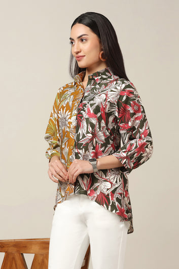 Womens Multicolor Muslin Floral Printed High-Low Shirt