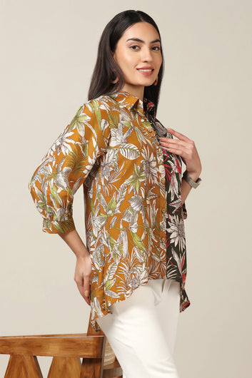 Womens Multicolor Muslin Floral Printed High-Low Shirt