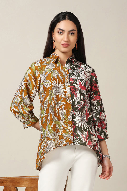 Womens Multicolor Muslin Floral Printed High-Low Shirt