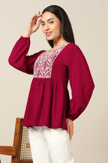 Womens Maroon Rayon Embroidered Tunic Top