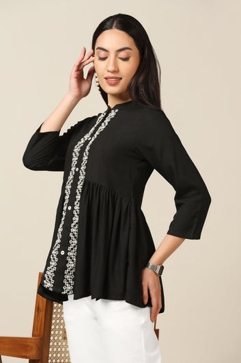 Womens Black Rayon Embroidered Top