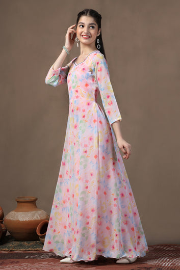 Girls Multicolor Georgette Floral Printed Fit & Flare Maxi Length Dress