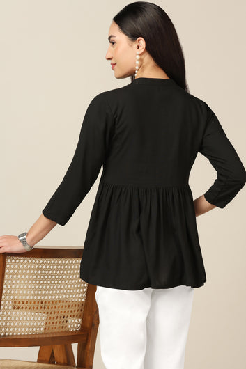 Womens Black Rayon Embroidered Top