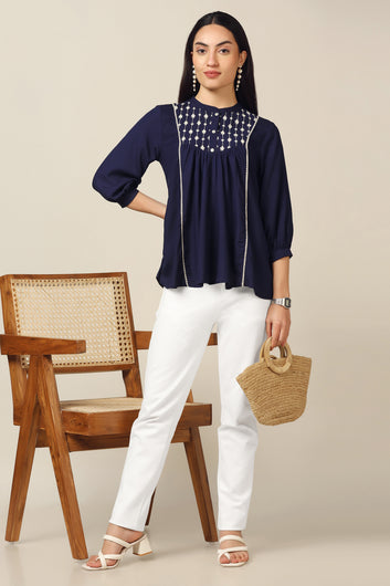 Womens Navy Blue Rayon Embroidered A-Line Tunic Top