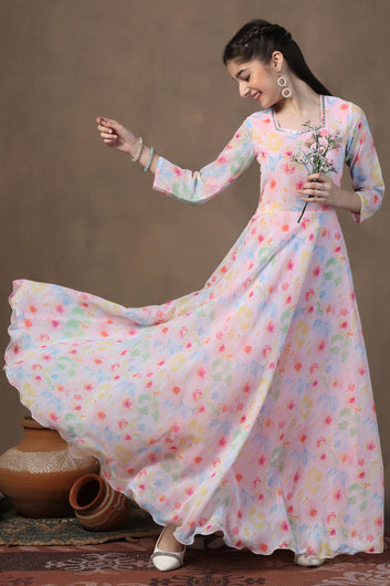 Girls Multicolor Georgette Floral Printed Fit & Flare Maxi Length Dress