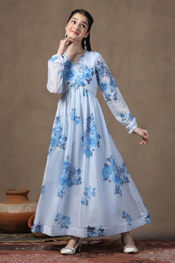 Girls Sky Blue Organza Floral Printed Fit & Flare Maxi Length Dress