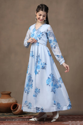 Girls Sky Blue Organza Floral Printed Fit & Flare Maxi Length Dress