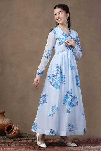 Girls Sky Blue Organza Floral Printed Fit & Flare Maxi Length Dress