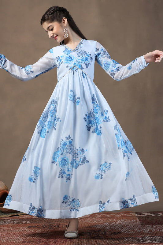 Girls Sky Blue Organza Floral Printed Fit & Flare Maxi Length Dress