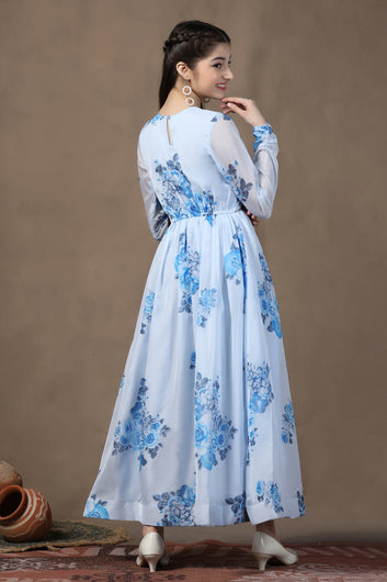 Girls Sky Blue Organza Floral Printed Fit & Flare Maxi Length Dress