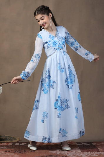 Girls Sky Blue Organza Floral Printed Fit & Flare Maxi Length Dress