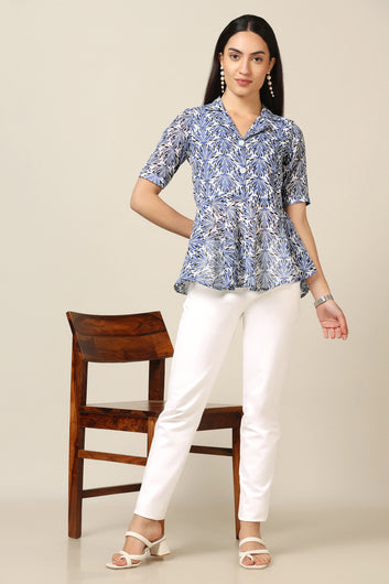 Womens Blue Georgette All-over Printed Top