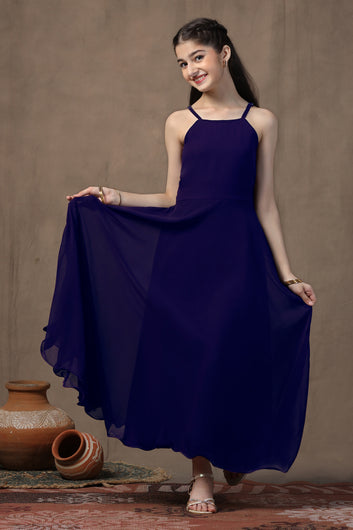 Girl's Dark Blue Maxi Dress With Foil Printed Shrug Set