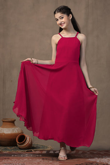 Girls Red Georgette Solid Fit & Flare maxi Length Dress