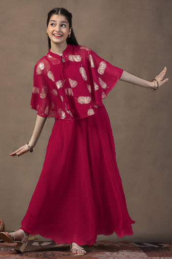Girls Red Georgette Solid Fit & Flare maxi Length Dress
