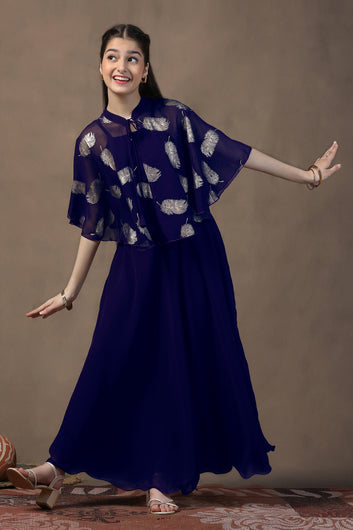Girl's Dark Blue Maxi Dress With Foil Printed Shrug Set