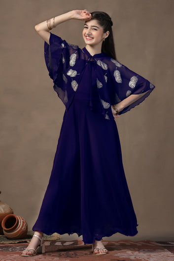 Girl's Dark Blue Maxi Dress With Foil Printed Shrug Set