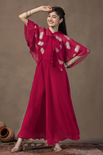 Girls Red Georgette Solid Fit & Flare maxi Length Dress