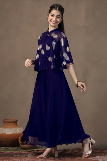 Girl's Dark Blue Maxi Dress With Foil Printed Shrug Set