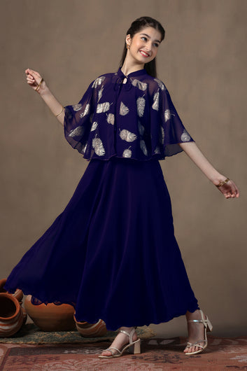 Girl's Dark Blue Maxi Dress With Foil Printed Shrug Set