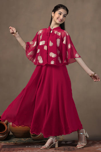 Girls Red Georgette Solid Fit & Flare maxi Length Dress