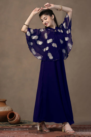 Girl's Dark Blue Maxi Dress With Foil Printed Shrug Set