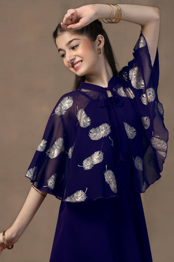 Girl's Dark Blue Maxi Dress With Foil Printed Shrug Set